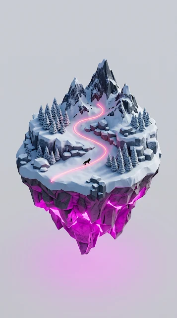 Floating Isometric Snow Mountain Island with Wolf and Neon Lights - Free 4K & 8K mobile Wallpaper