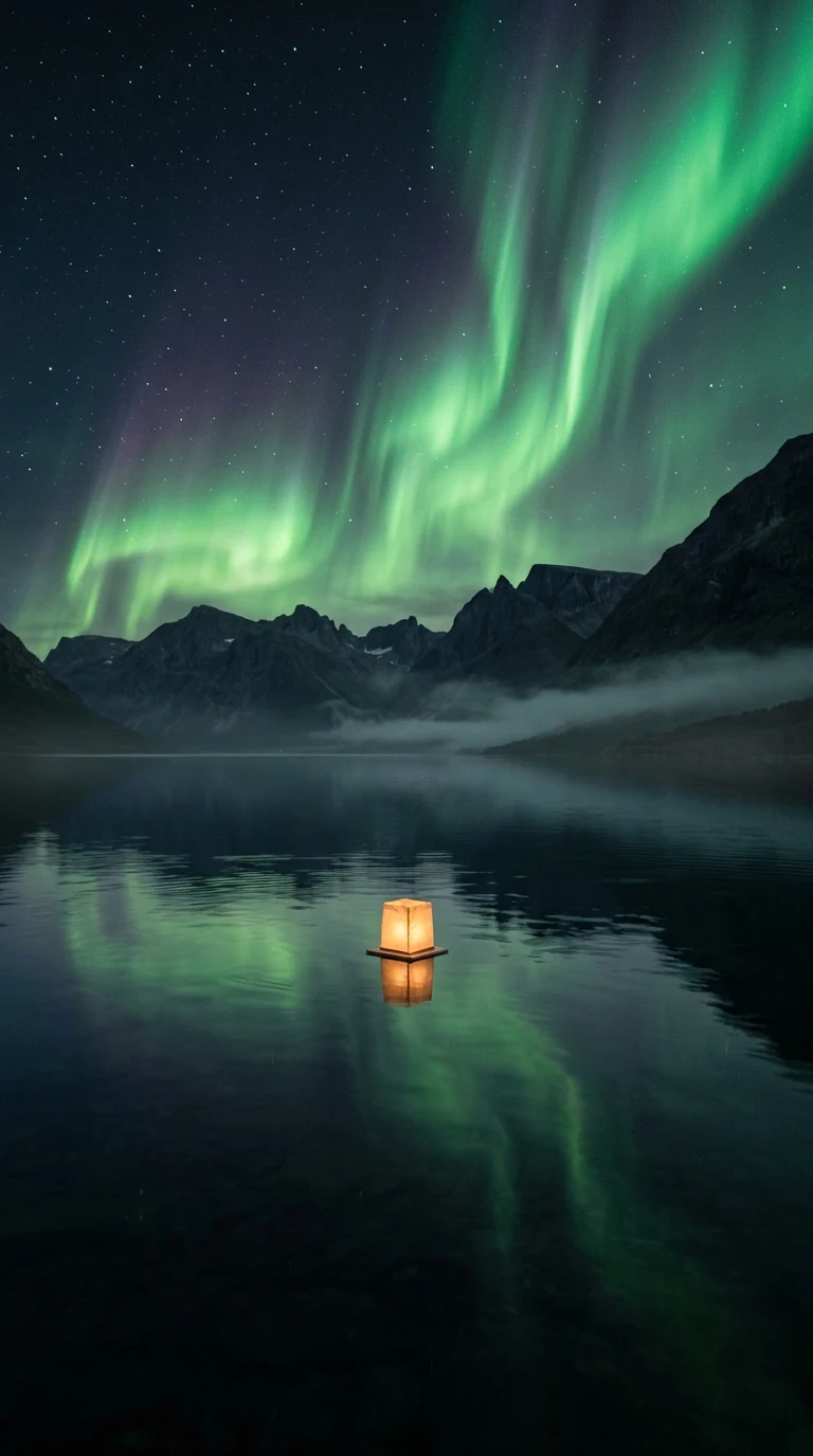 Download Floating Lantern on Alpine Lake under Northern Lights Wallpaper in 4K UHD Floating Lantern on Alpine Lake under Northern Lights - Free 8K and 4K mobile Wallpaper Background