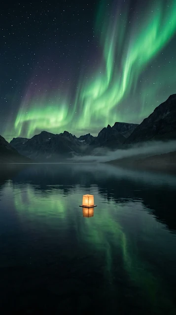 Floating Lantern on Alpine Lake under Northern Lights - Free 4K & 8K mobile Wallpaper