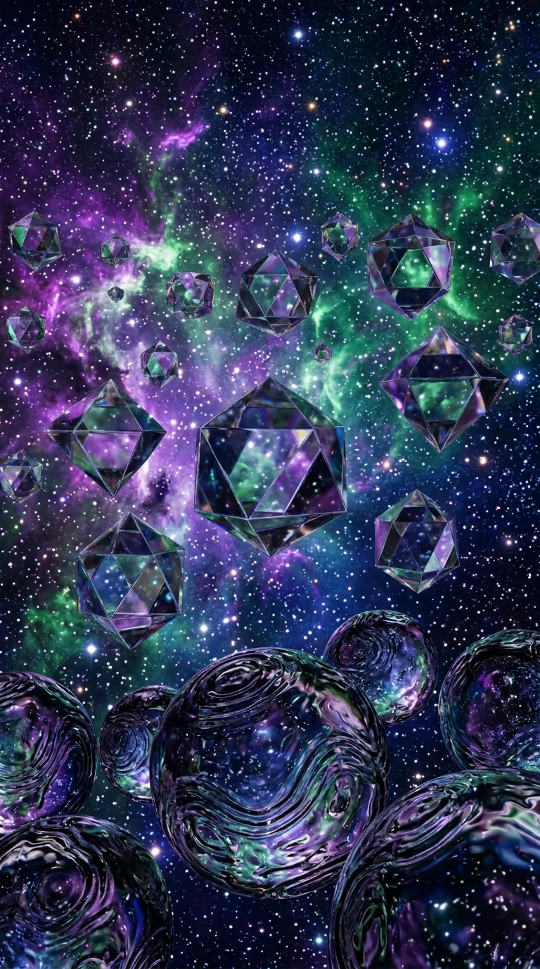 Floating Mirrored Octahedrons Reflecting Violet and Emerald Nebula - Free 8K and 4K mobile Wallpaper Background