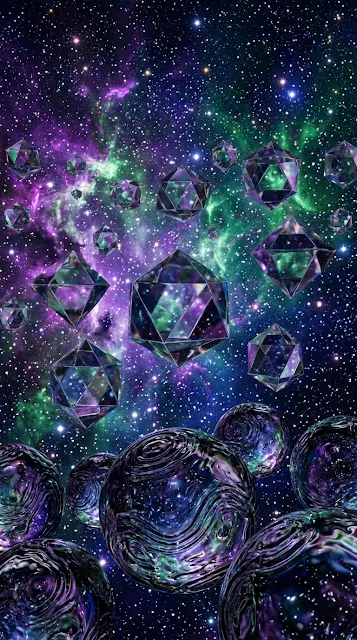 Floating Mirrored Octahedrons Reflecting Violet and Emerald Nebula - Free 4K & 8K mobile Wallpaper