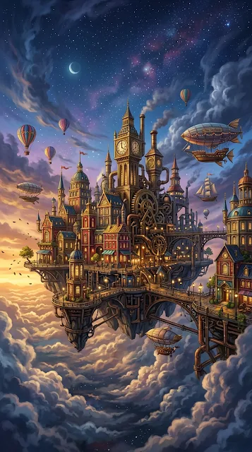 Floating Steampunk City with Airships and Hot Air Balloons - Free 4K & 8K mobile Wallpaper