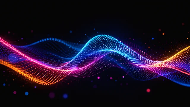 An undulating ribbon of neon blue, pink, and orange illuminated particles floating across a deep black background.