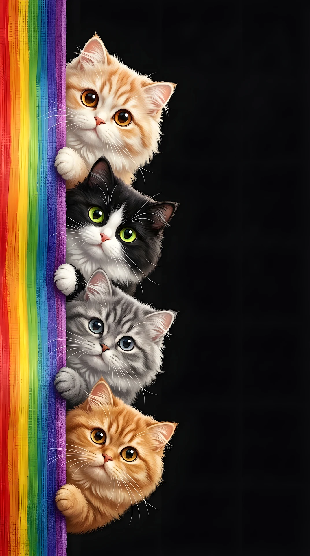 Fluffy Cats Peeking from a Rainbow Vertical Strip on Black - Free 4K mobile Wallpaper