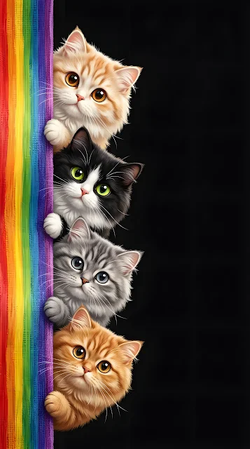 Fluffy Cats Peeking from a Rainbow Vertical Strip on Black - Free mobile Wallpaper