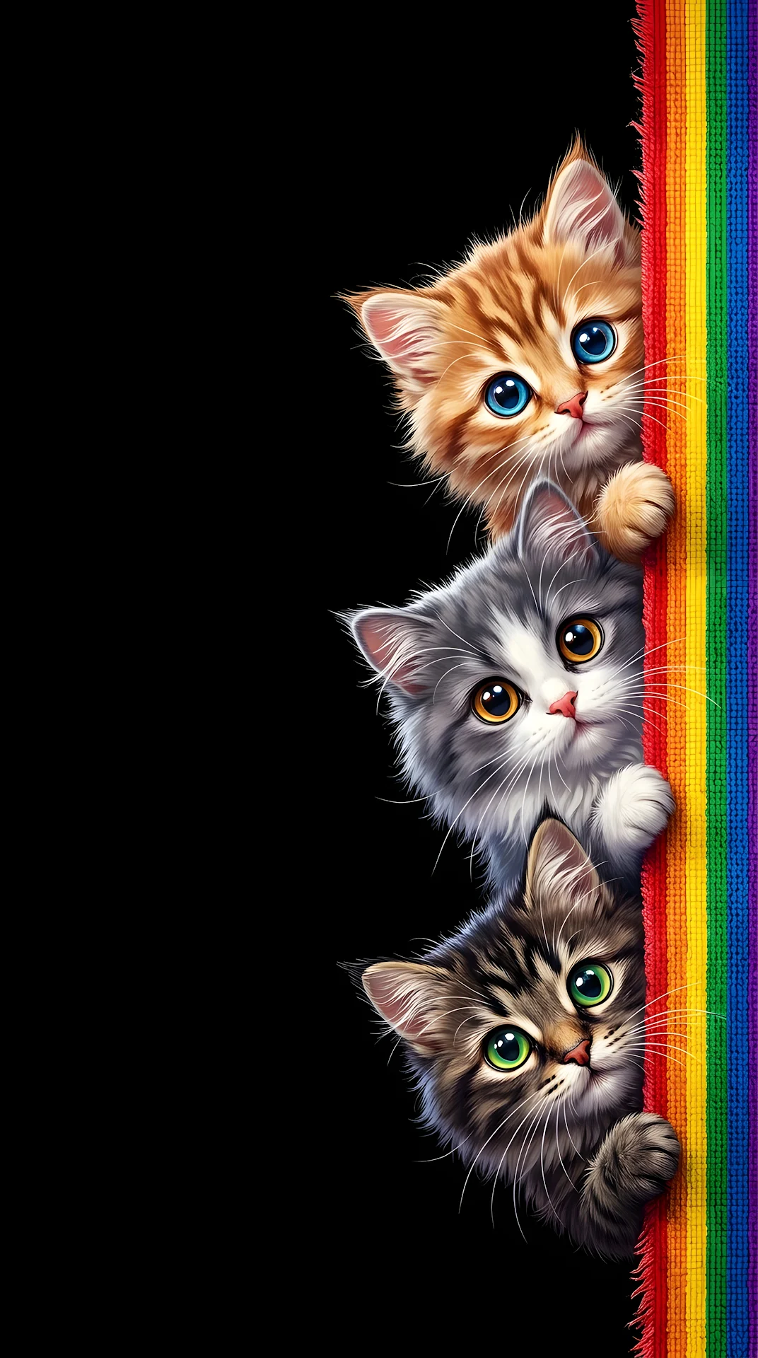 Fluffy Cats Peeking from a Rainbow Strip on the Right Margin - Free 4K mobile Wallpaper