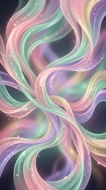 Fluid Ribbon Abstract with Pastel Blush and Seafoam Sparkles - Free 4K & 8K mobile Wallpaper