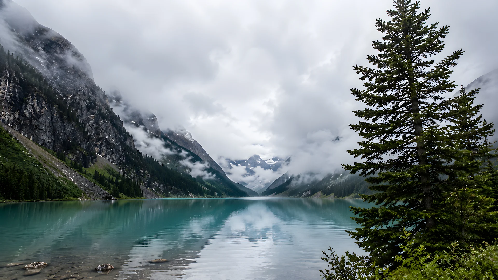 Foggy alpine lake surrounded by steep cliffs and pine trees - Free 4K desktop Wallpaper