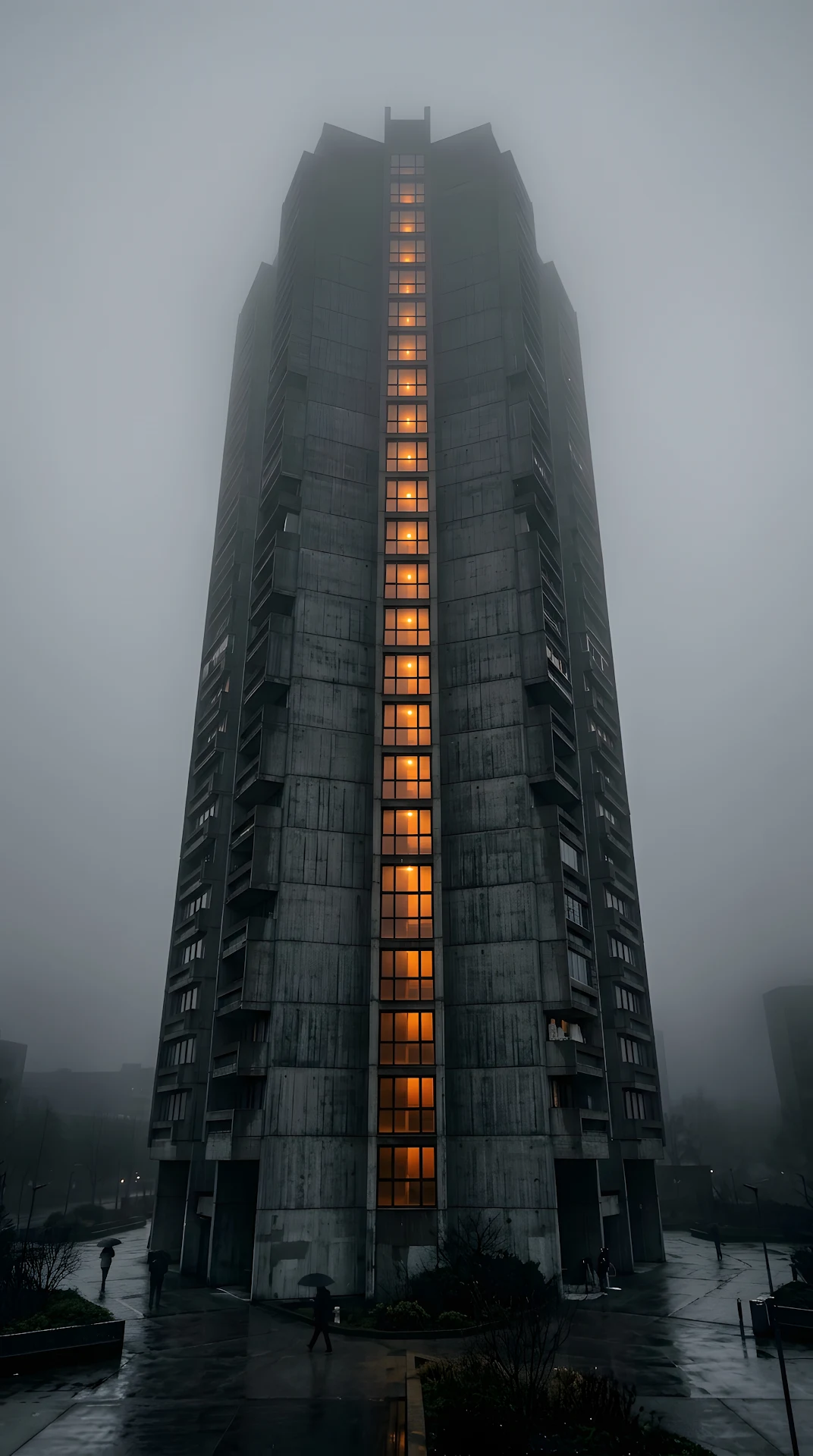 Foggy View of a Tall Brutalist Apartment Building with Orange Lit Windows - Free 4K mobile Wallpaper