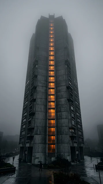 Foggy View of a Tall Brutalist Apartment Building with Orange Lit Windows - Free mobile Wallpaper