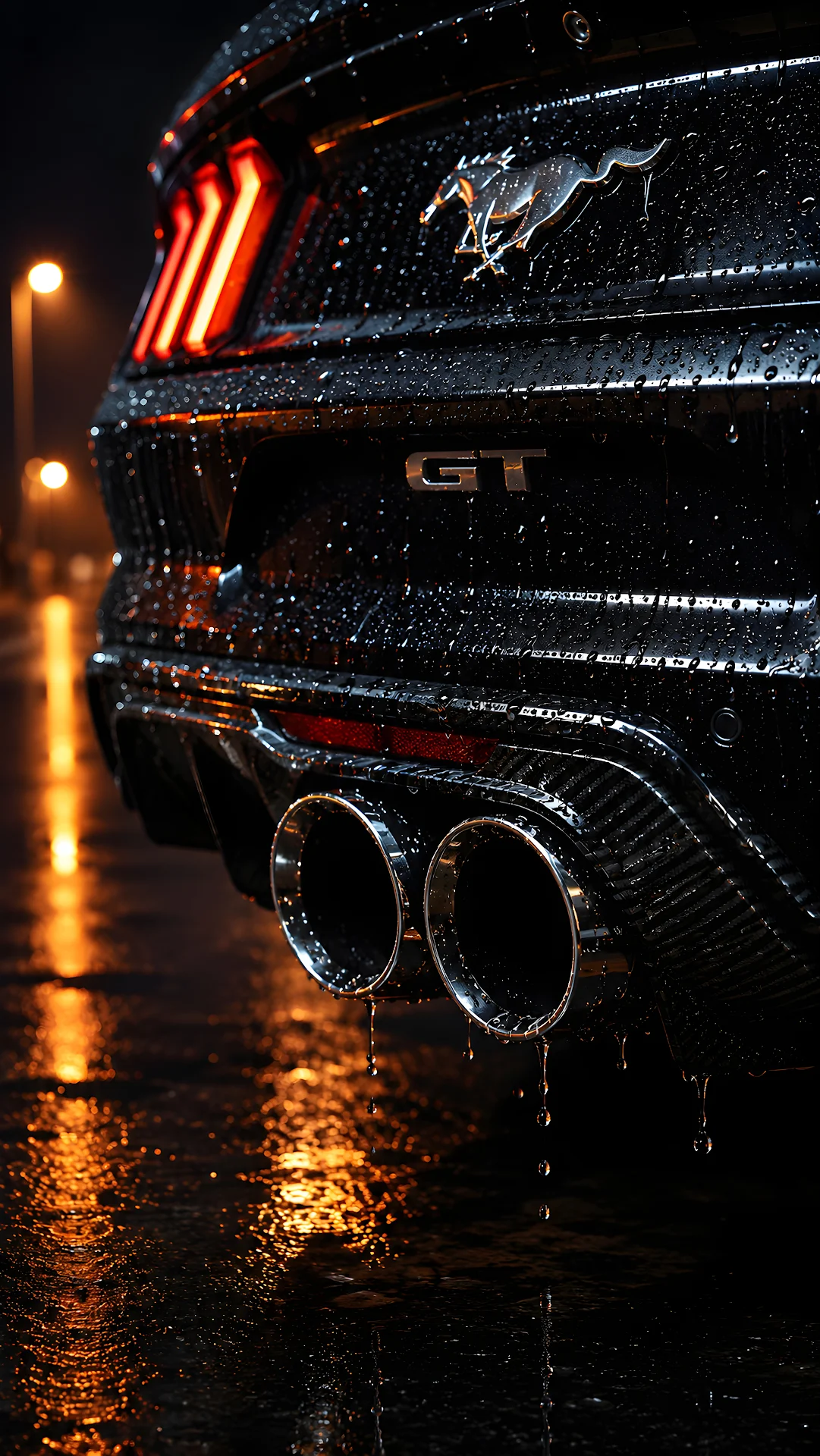 Ford Mustang GT Chrome Exhaust in Rain Wallpaper - Free 4K mobile Wallpaper
