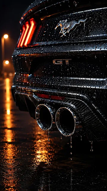 A close-up shot of the rear of a black Ford Mustang GT in the rain, with water droplets on the exhaust and body.