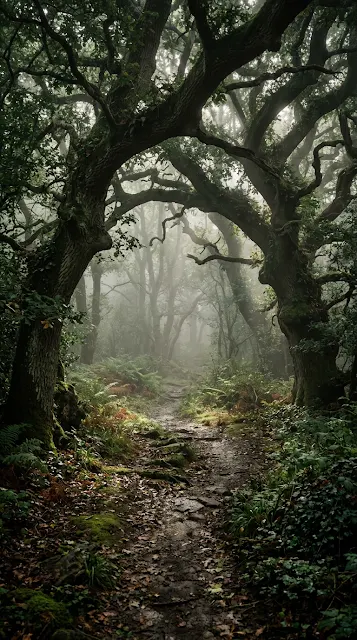 Forest Path with Ancient Oak Trees and Thick Morning Fog - Free 4K & 8K mobile Wallpaper