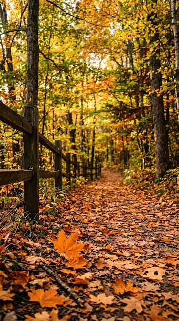 Forest Pathway Covered in Orange Autumn Leaves Under Warm Sunlight - Free 4K & 8K mobile Wallpaper
