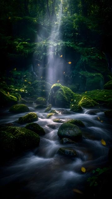 Sunlight rays illuminating a dark jungle stream flowing over moss-covered stones.
