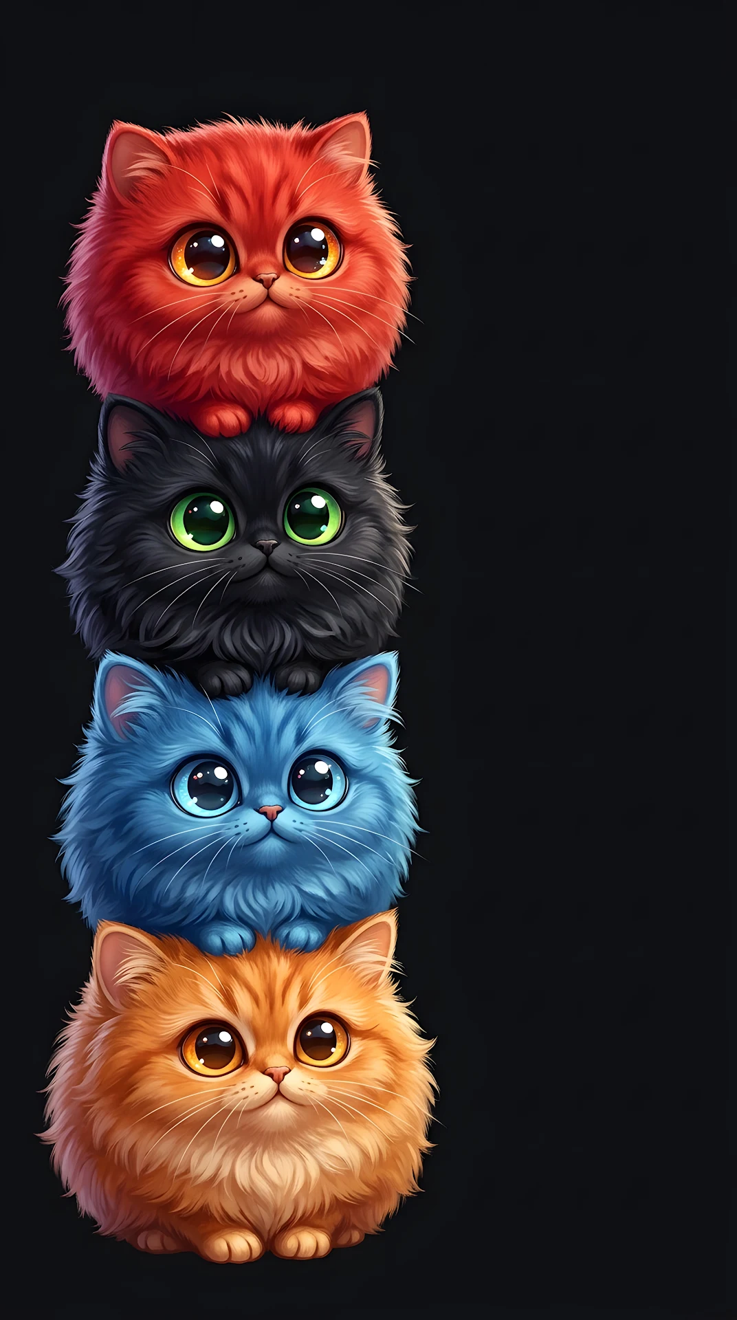 Four Colorful Fluffy Cats Stacked Vertically on the Left Margin - Free 4K mobile Wallpaper