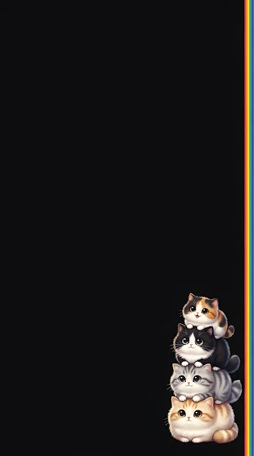 Four Fluffy Cats Stacked in the Lower Right Quadrant on Black - Free mobile Wallpaper