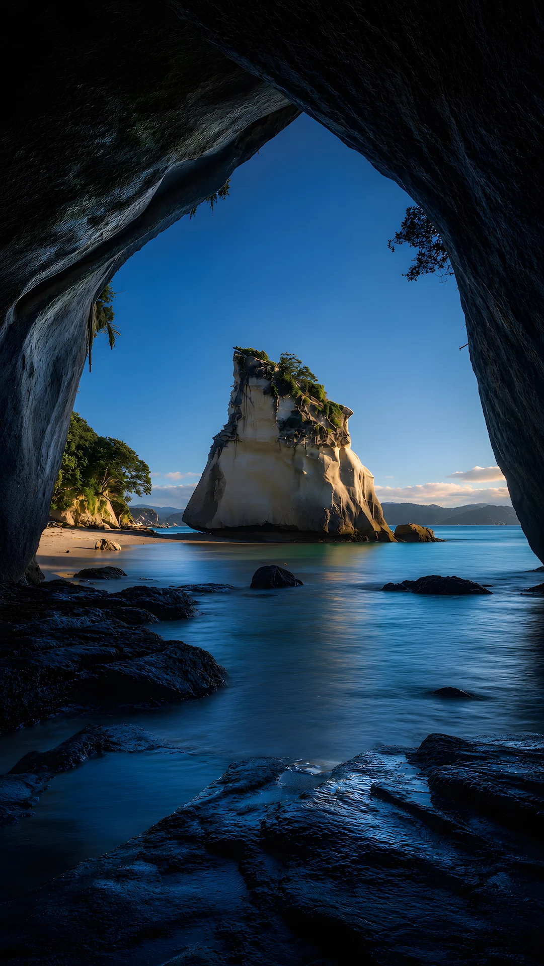 Framed View from Inside Coastal Sea Cave Looking Out at Rock Monolith - Free 4K mobile Wallpaper