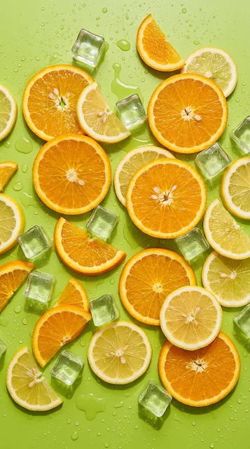 Fresh Lemon and Orange Slices with Ice Cubes on Green - Free 4K & 8K mobile Wallpaper