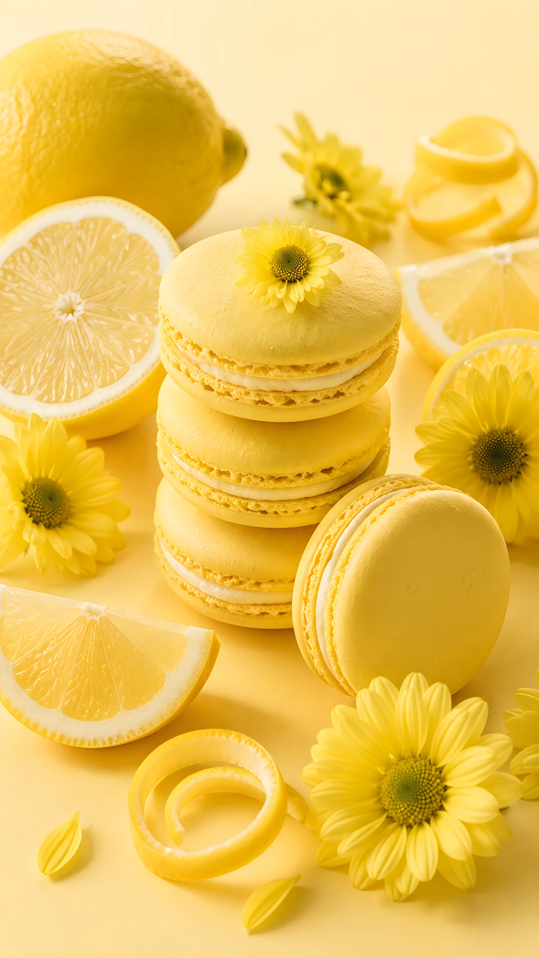 Fresh yellow macarons stacked near fresh lemon slices and blossoms - Free 4K mobile Wallpaper