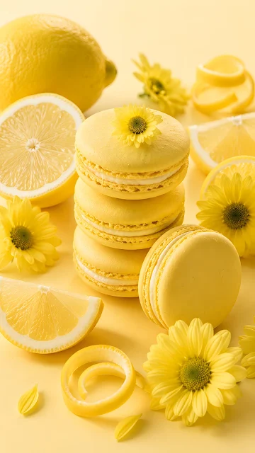 Monochromatic light yellow flat lay of stacked French macarons, fresh lemon slices, peel curls, and soft yellow flowers.