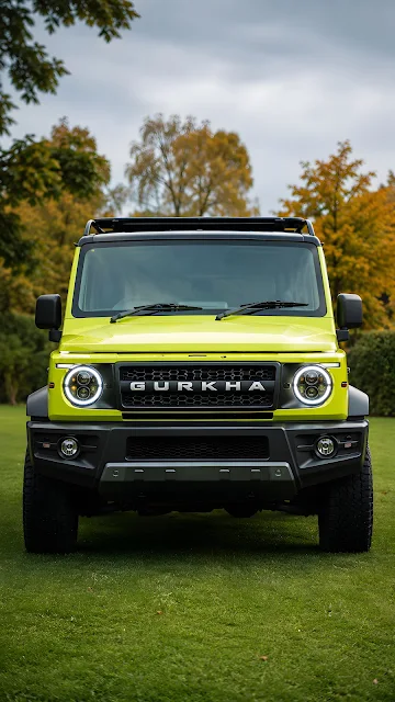 Symmetrical front-view photograph of a modern lime-yellow off-road 4x4 SUV parked on a manicured green lawn framed by autumn trees.