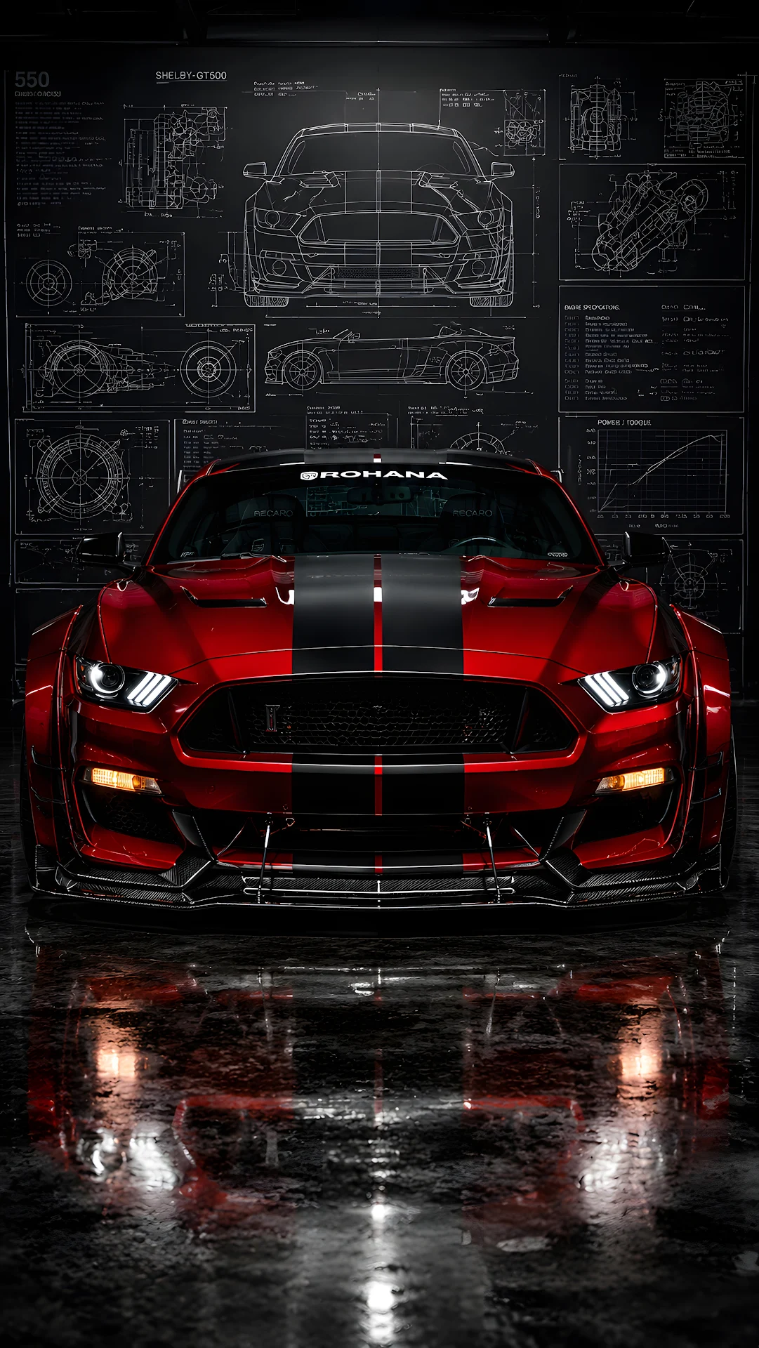 Front view of customized red sports coupe in dark studio with blueprint back - Free 4K mobile Wallpaper