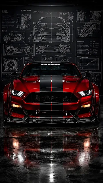 Straight-on front view studio photo of a aggressive red sports car with racing stripes, set against a black technical blueprint wall.