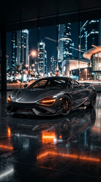 Front View of a Modern Luxury Sports Car with Glowing Orange Headlights - Free 4K & 8K mobile Wallpaper