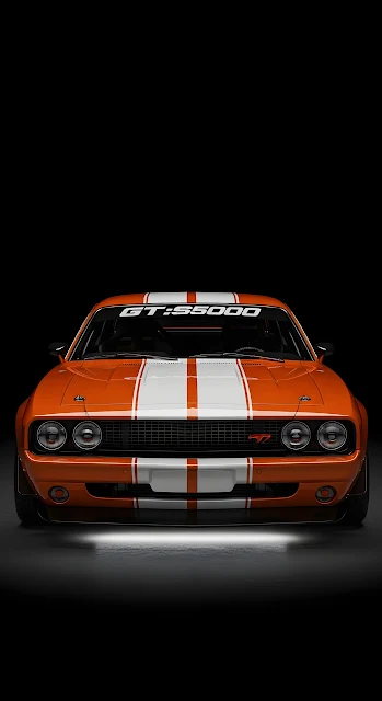 Front View of an Orange Racing Car with White Stripes in Studio Lighting - Free mobile Wallpaper