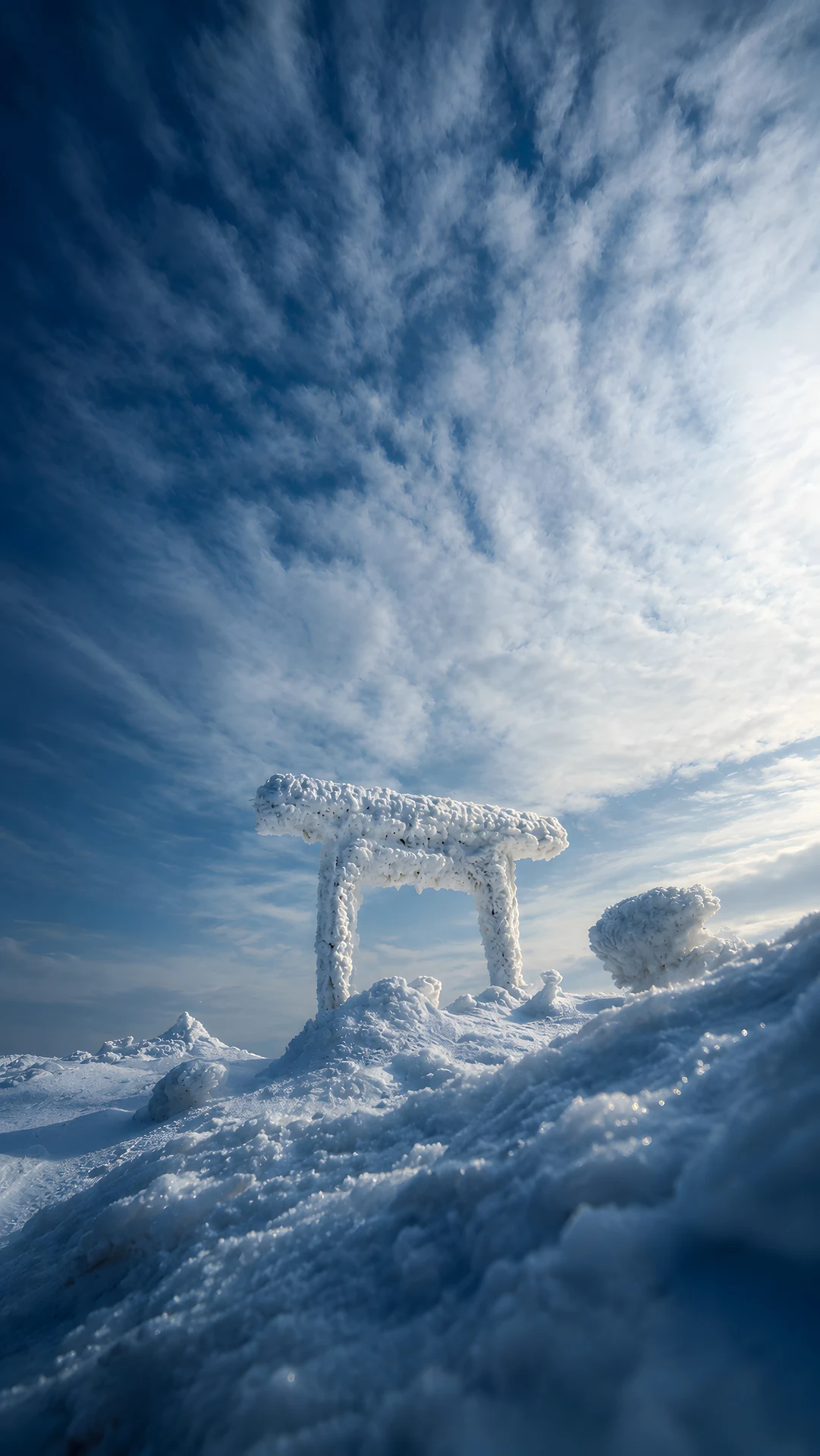 Frost covered wooden arch structure on a snowy winter mountain summit - Free 4K mobile Wallpaper