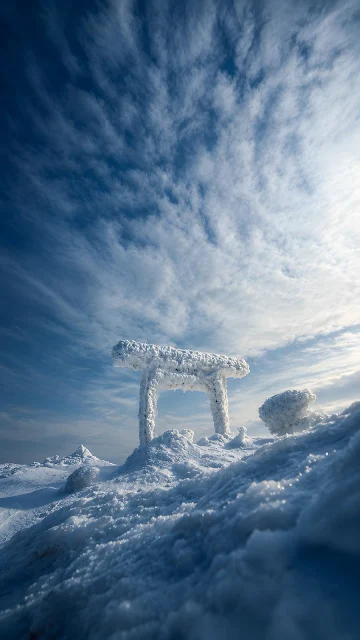 A traditional wooden gate covered in thick white rime ice stands on a snow-covered mountain under a blue sky.