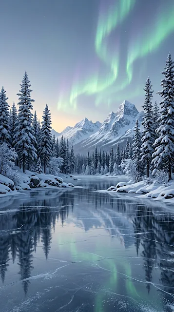 Frozen Winter Lake with Northern Lights and Snow-Laden Trees - Free 4K & 8K mobile Wallpaper
