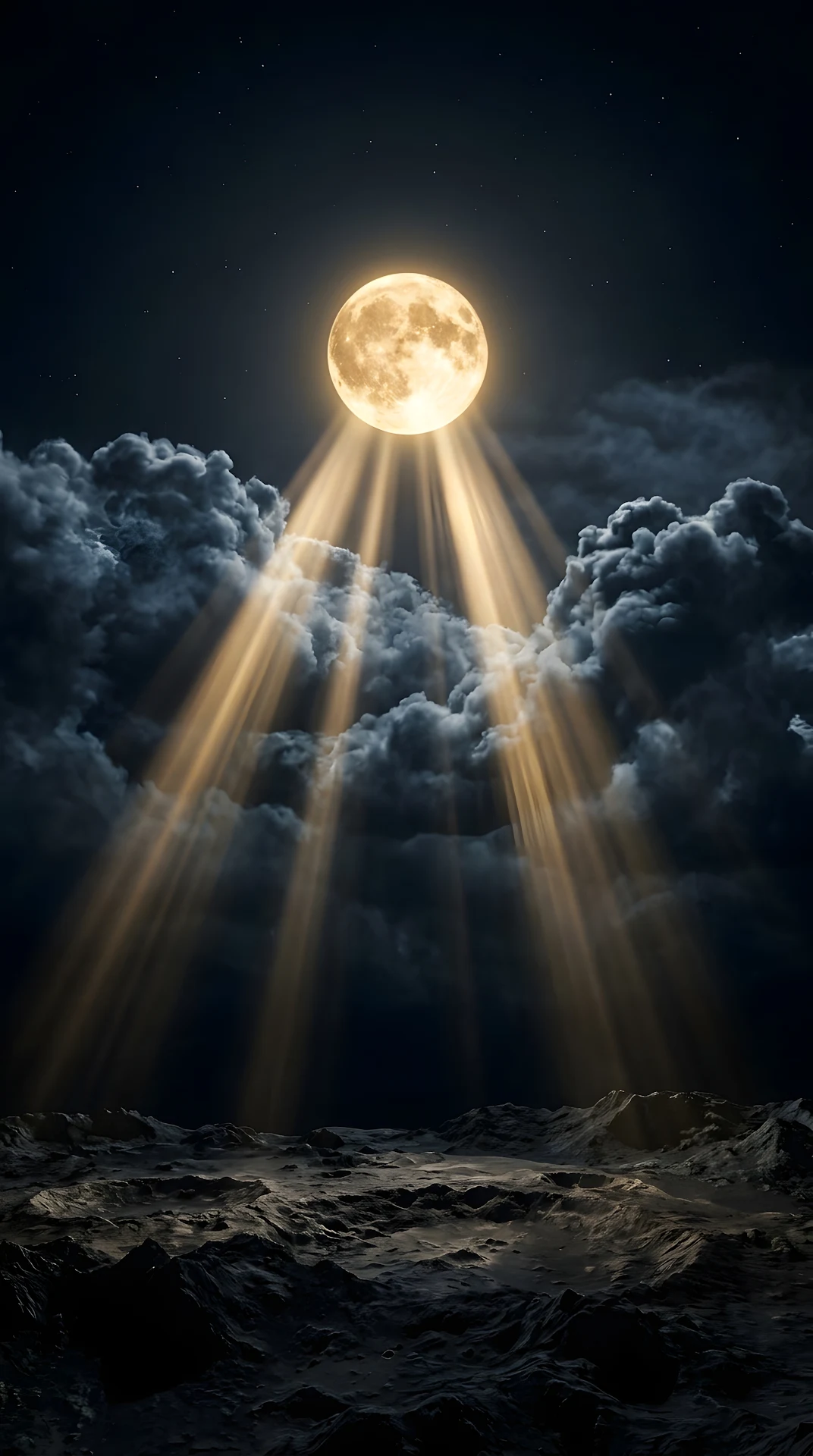 Full Moon Casting Golden Light Beams Through Dark Night Clouds - Free 4K mobile Wallpaper