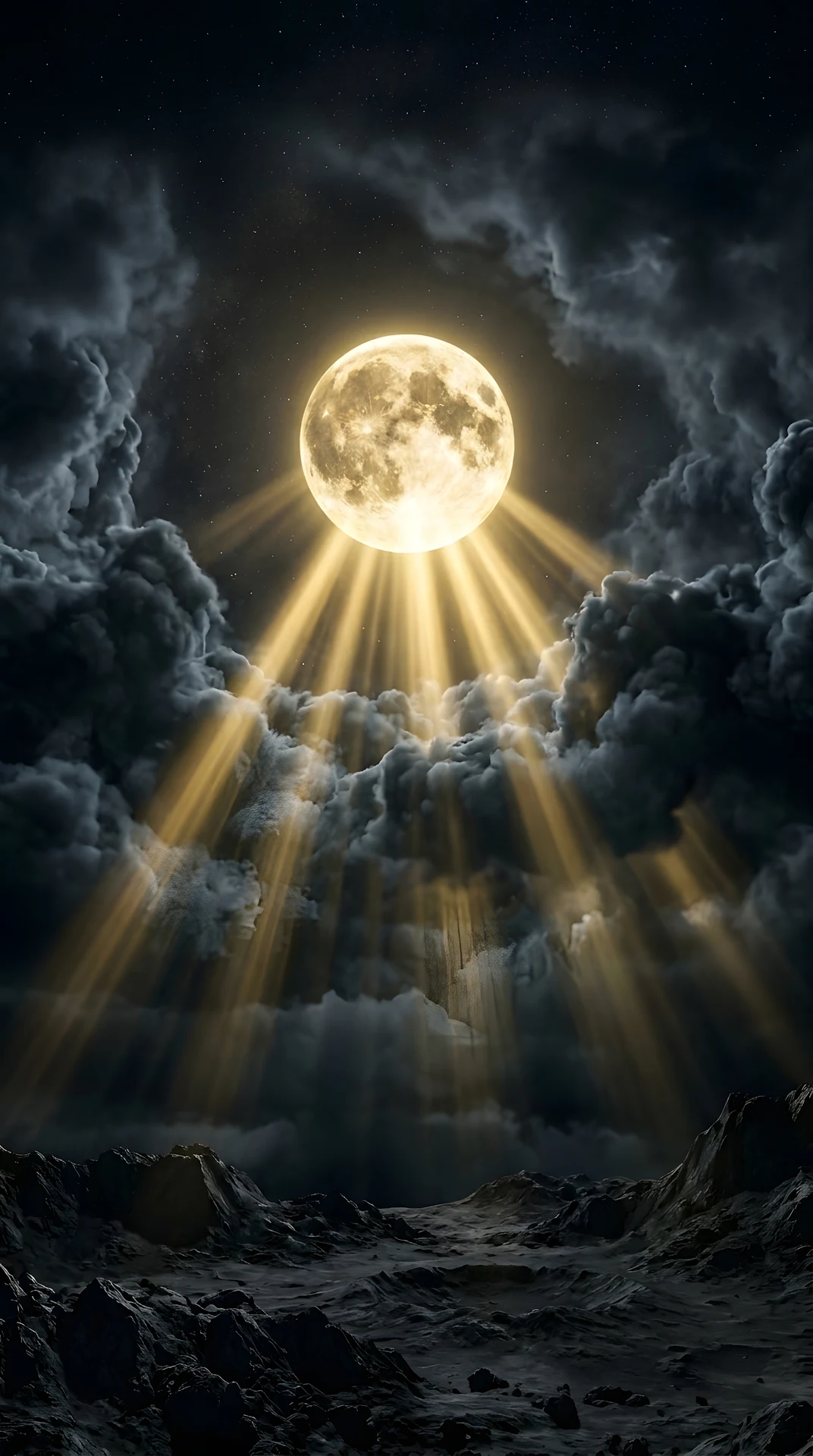 Full Moon Casting Golden Light Beams Through Dark Night Clouds - Free 4K mobile Wallpaper