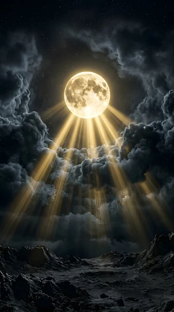 Full Moon Casting Golden Light Beams Through Dark Night Clouds - Free mobile Wallpaper