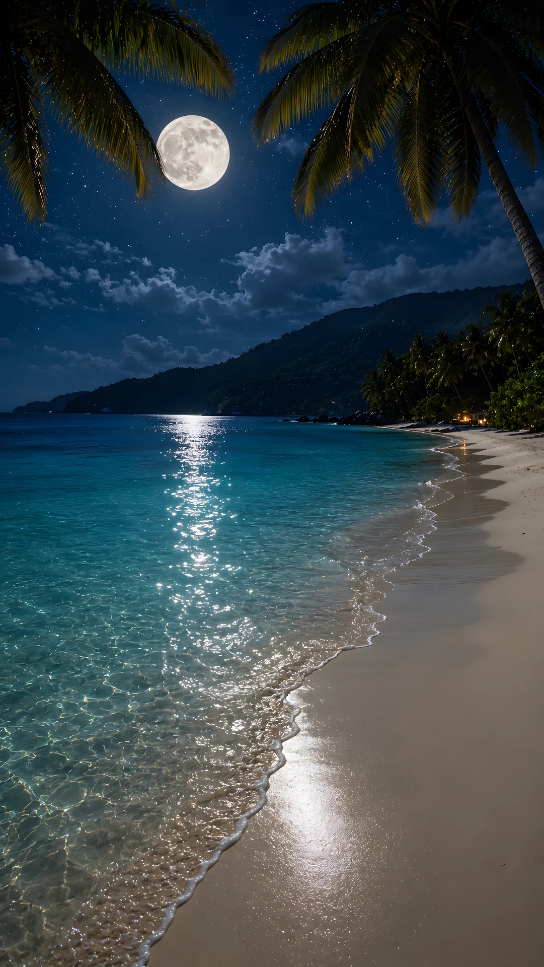 Full moon shining over tropical turquoise beach and palm trees at night - Free 4K mobile Wallpaper