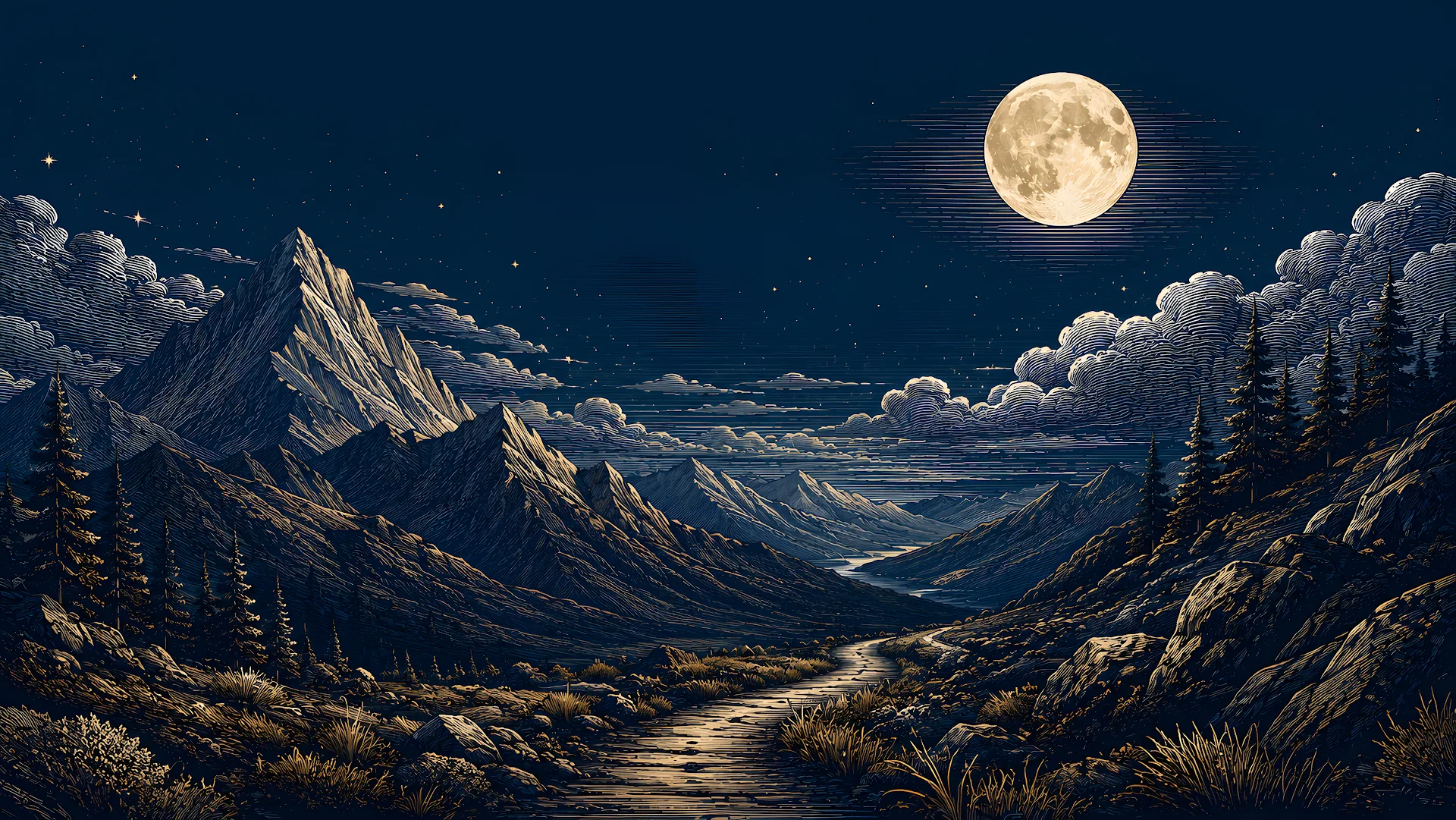 Full moon shining over woodcut style mountain valley with winding path - Free 4K desktop Wallpaper