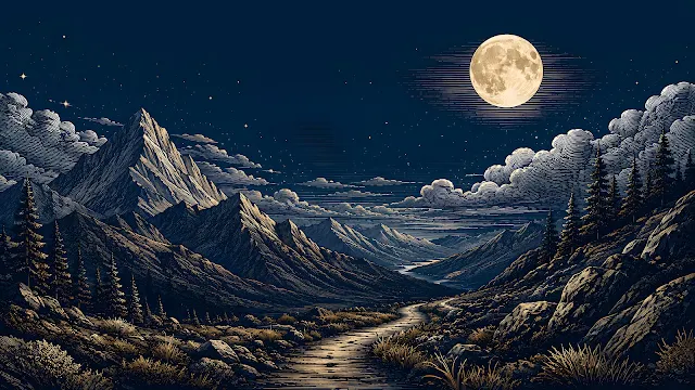 An engraved line art illustration of a glowing full moon above a mountain valley and winding dirt path.