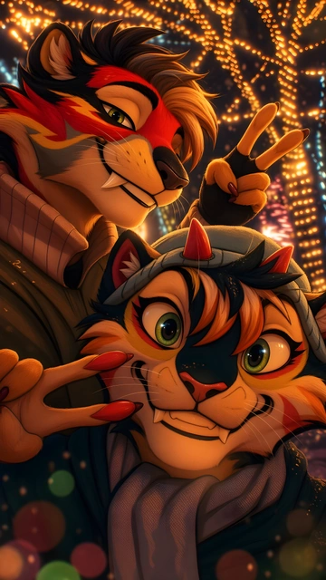 Two smiling furry feline characters with face markings posing together in front of golden night lights.