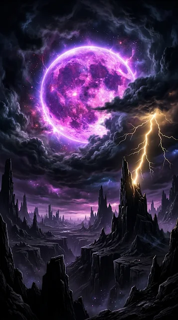 Futuristic Apocalyptic Landscape with Purple Celestial Orb and Lightning - Free 4K & 8K mobile Wallpaper