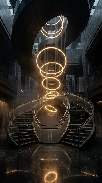 Futuristic Black Marble Staircase and Gold Rings Wallpaper - Free 4K & 8K mobile Wallpaper
