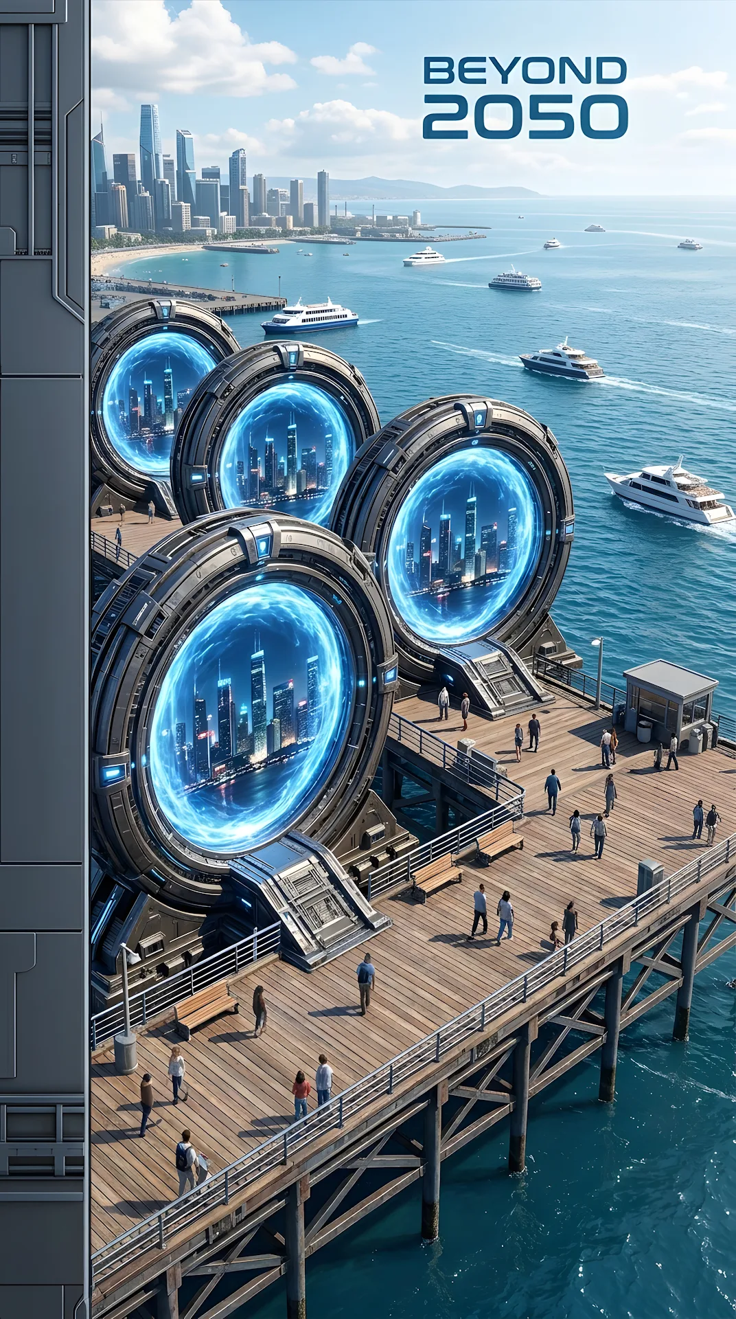 Futuristic Circular Portals Overlooking Coastal Cityscape with Quote - Free 4K mobile Wallpaper