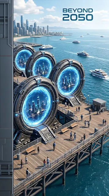 Futuristic Circular Portals Overlooking Coastal Cityscape with Quote - Free mobile Wallpaper