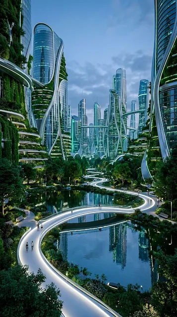 Futuristic City Park with Glass Structures and Glowing Path - Free 4K & 8K mobile Wallpaper