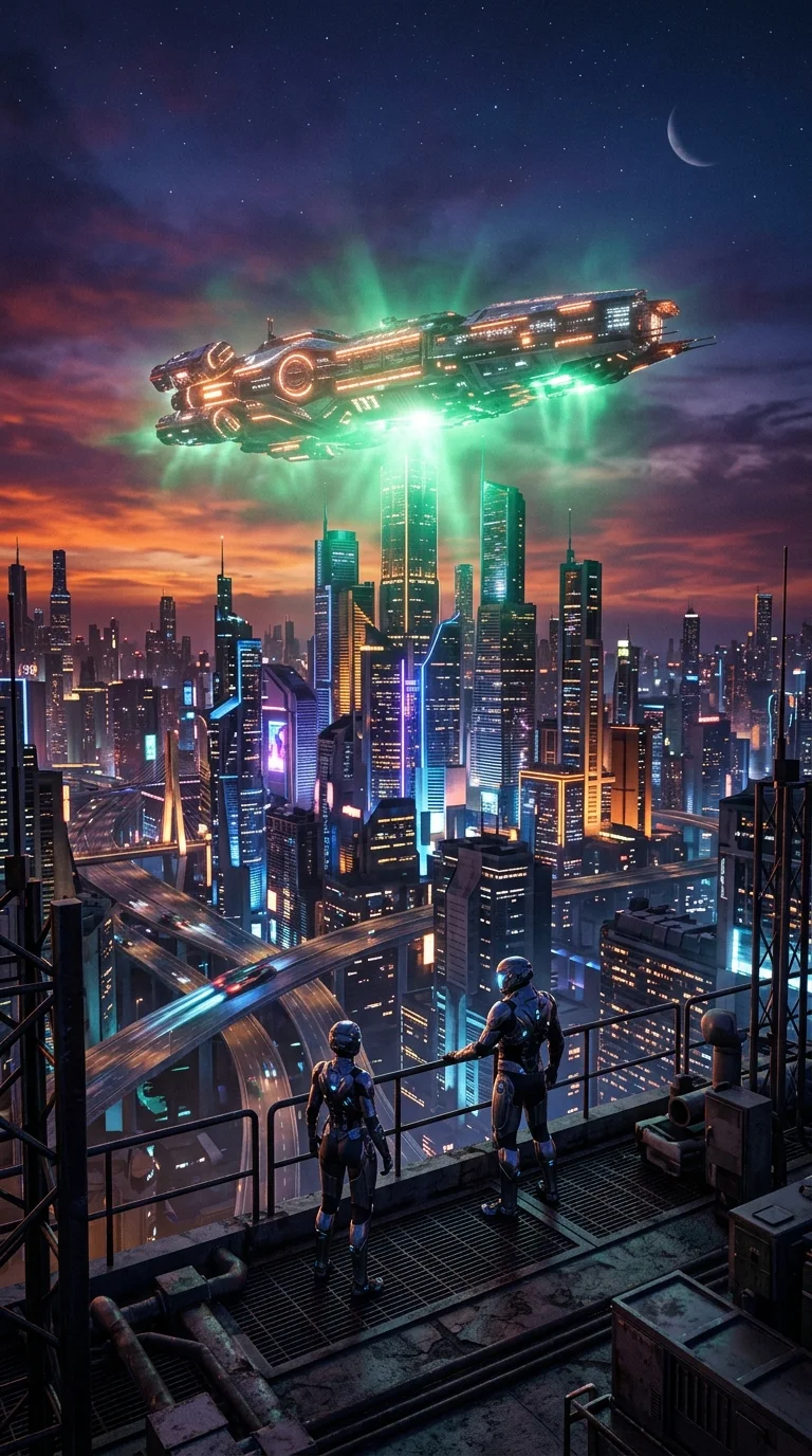 Futuristic Cityscape at Dusk with Luminous Spaceship and Figures - Free 8K and 4K mobile Wallpaper Background
