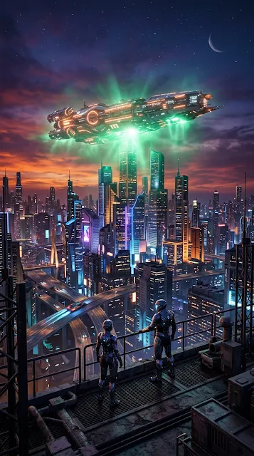 Futuristic Cityscape at Dusk with Luminous Spaceship and Figures - Free 4K & 8K mobile Wallpaper