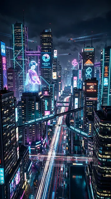 Futuristic Cityscape with Neon Billboards and Holograms - Free mobile Wallpaper