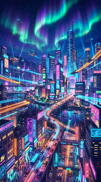 Futuristic Cityscape under a Vibrant Aurora Borealis Sky - Free 4K & 8K mobile Wallpaper