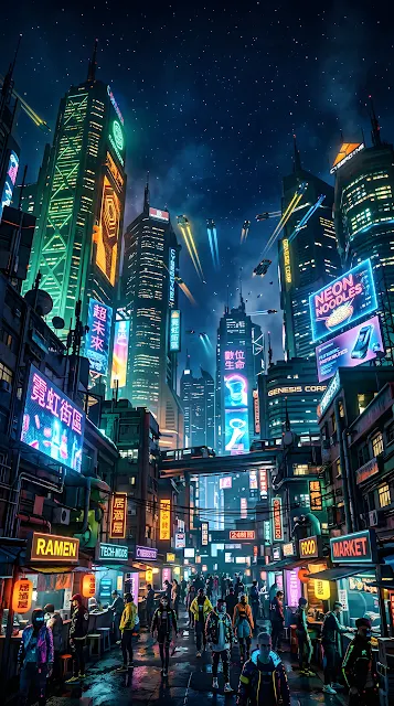 Futuristic Cyberpunk City with Neon Skyscrapers and Flying Cars - Free mobile Wallpaper